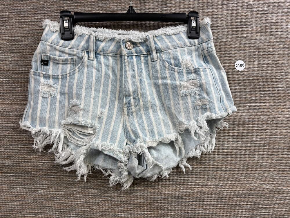 Kancan Striped Distressed Denim Cut-off Shorts Womens Size S Blue White